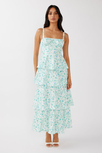 Provence Bloom Tiered Midi Dress Floral Green