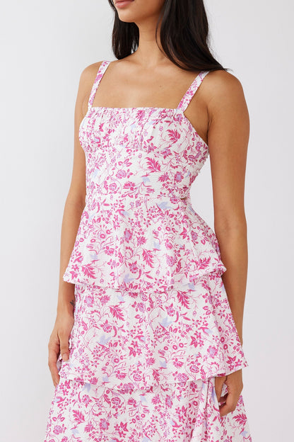 Provence Bloom Tiered Midi Dress Floral Pink